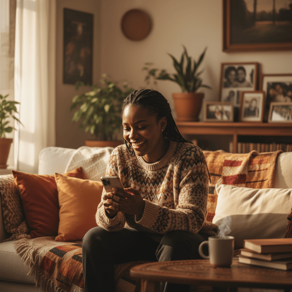 Woman smiling while sending money home with the Raiz App
