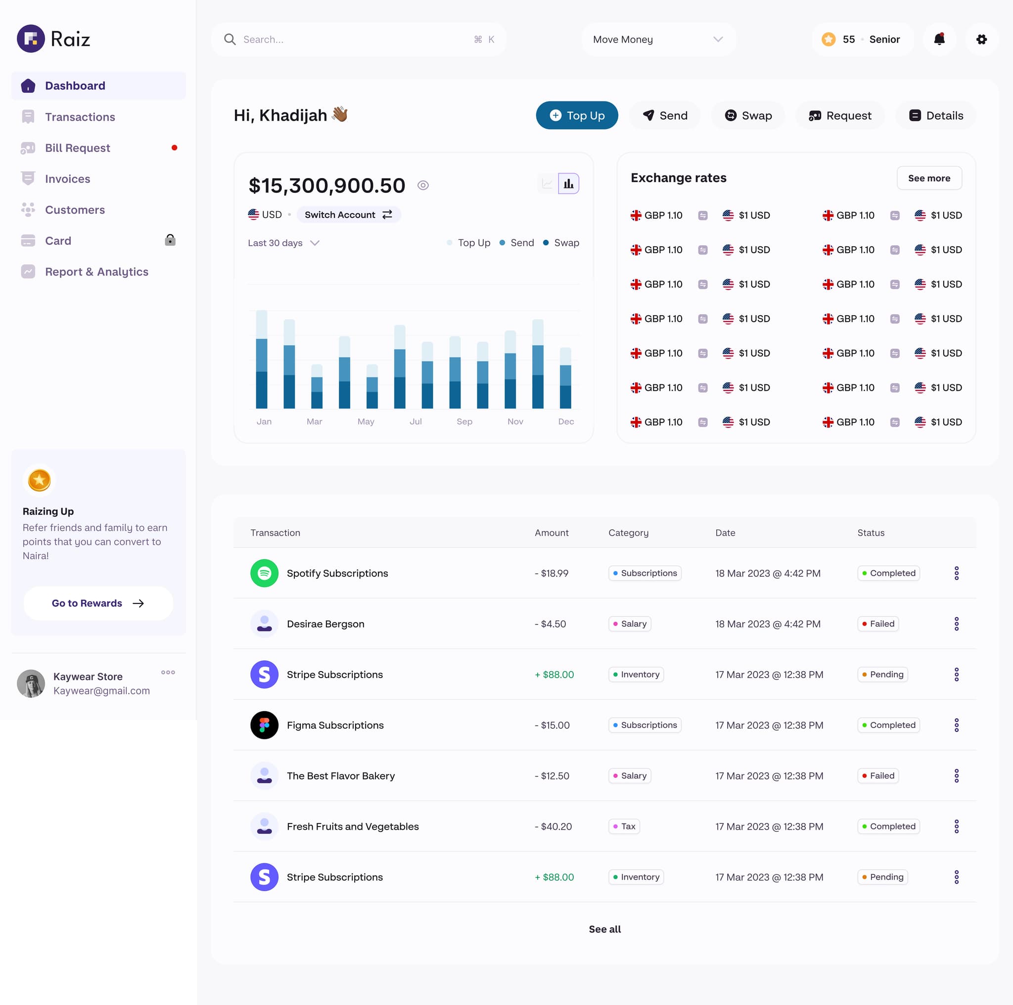 Raiz Business Dashboard