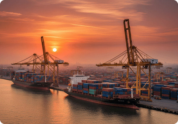 Container port at sunset: pay international suppliers with Raiz Finance