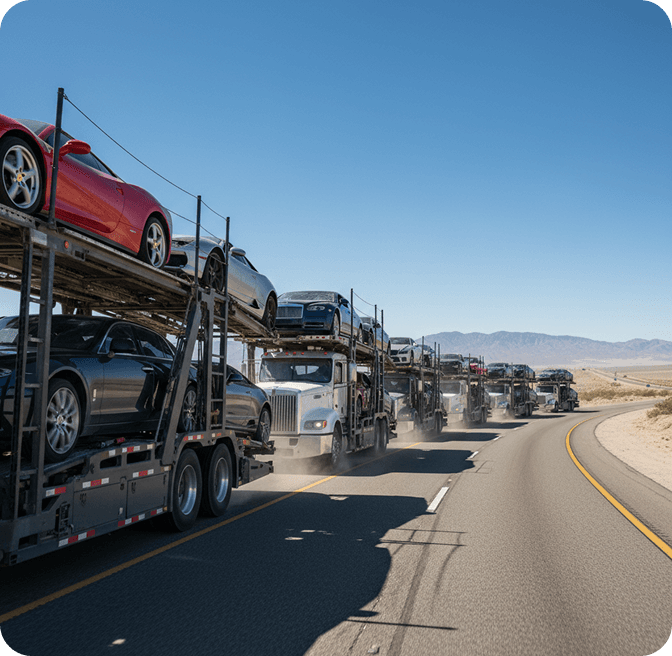Car transporters hauling auction vehicles for IAAI importers settling via Raiz