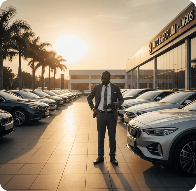 Professional car dealer reviewing auction inventory at a dealership
