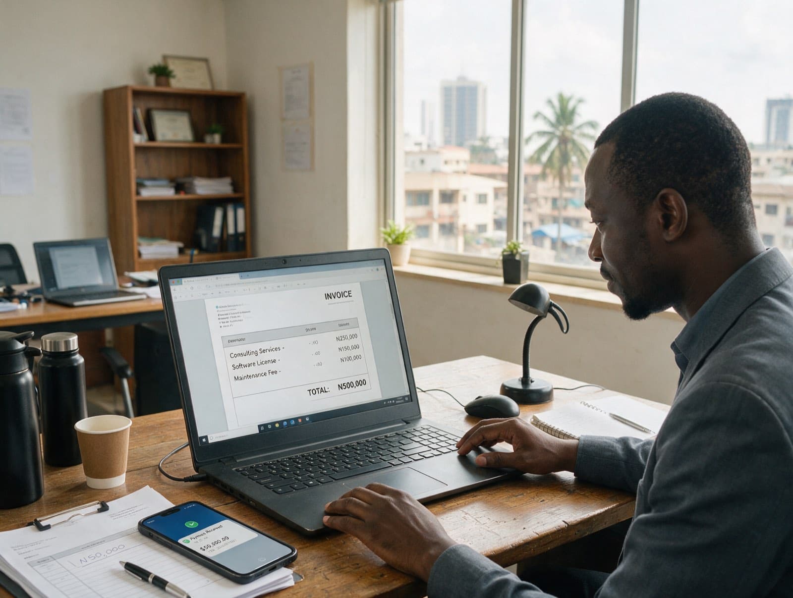 A business owner reviewing an invoice payment