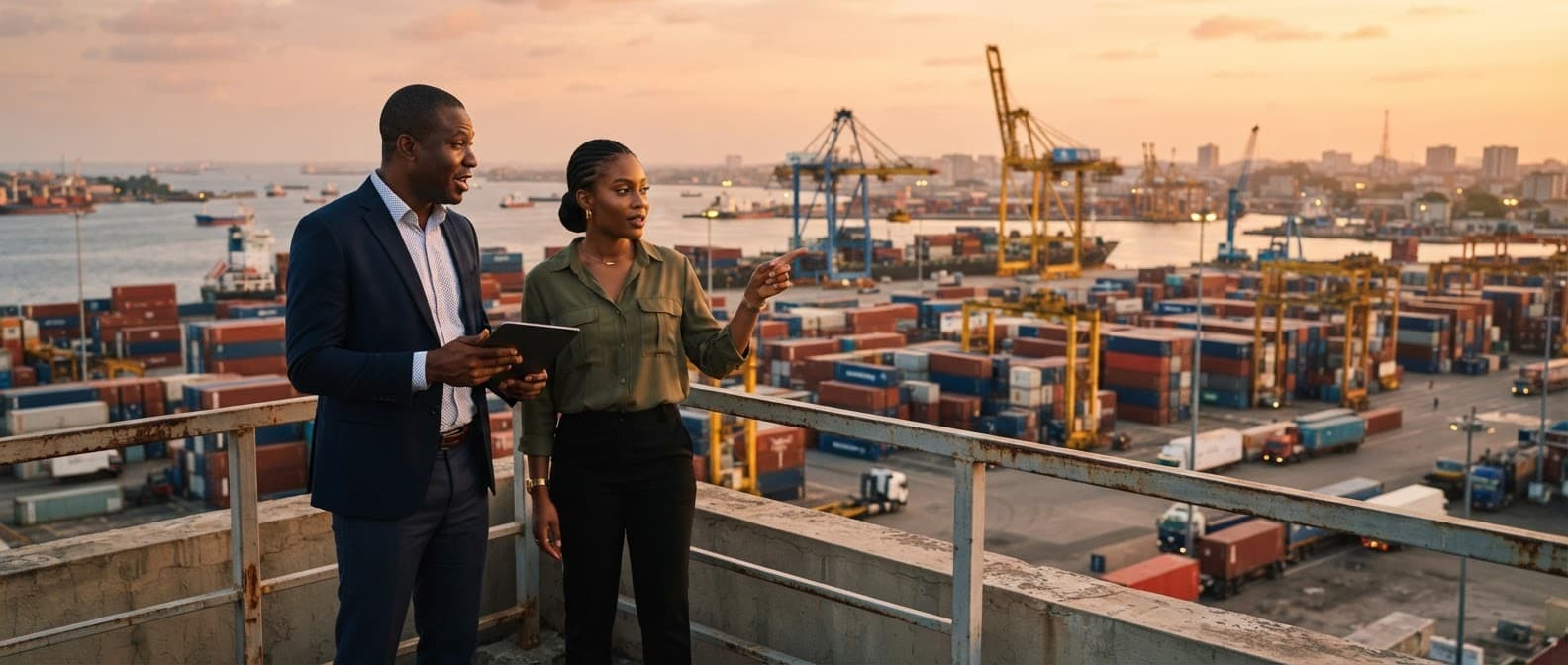 Business partners reviewing shipments at an African port
