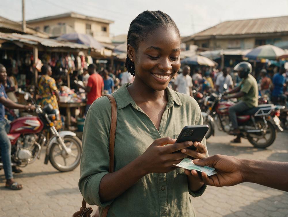 Woman in a Lagos market receiving a payout on her phone